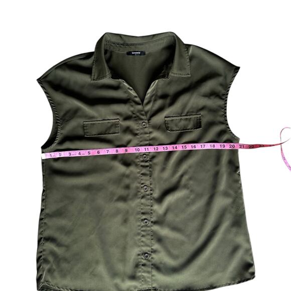 Lotusmile Olive Green Button-Down Blouse | Cap Sleeves, Pockets, Size Large - Picture 5 of 8
